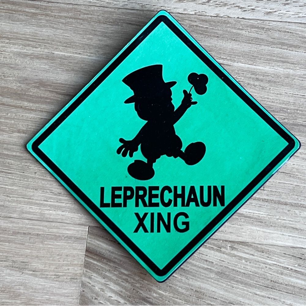 Leprechaun Crossing Magnet Black On Green 2 13/16" X 2 13/16"